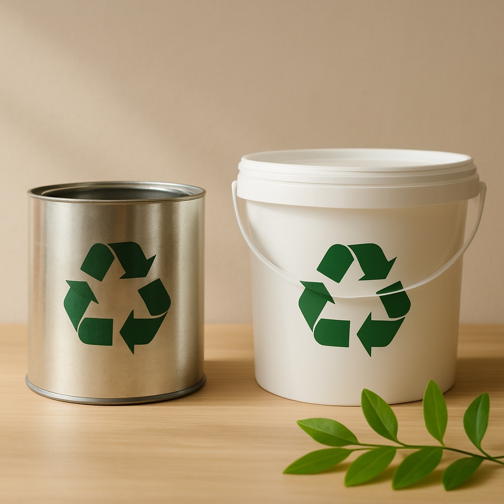 Embalagens com símbolo de reciclagem e folhas verdes